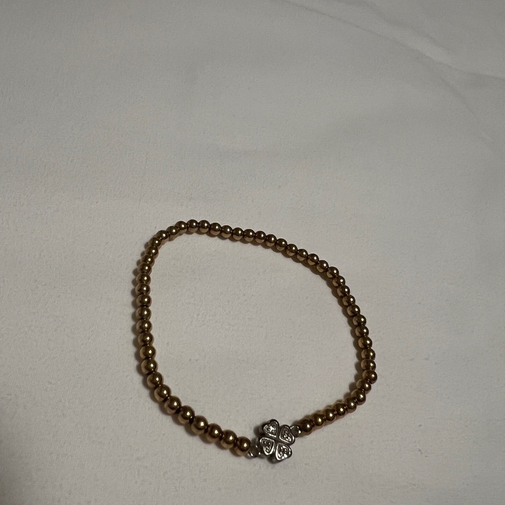 Gold Beaded Bracelet with Silver Clover Charm